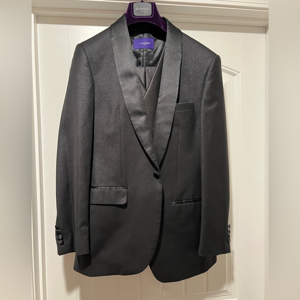 3 piece black tux. Coat mens 38R, Pants 32R. Has not been altered. Worn once.